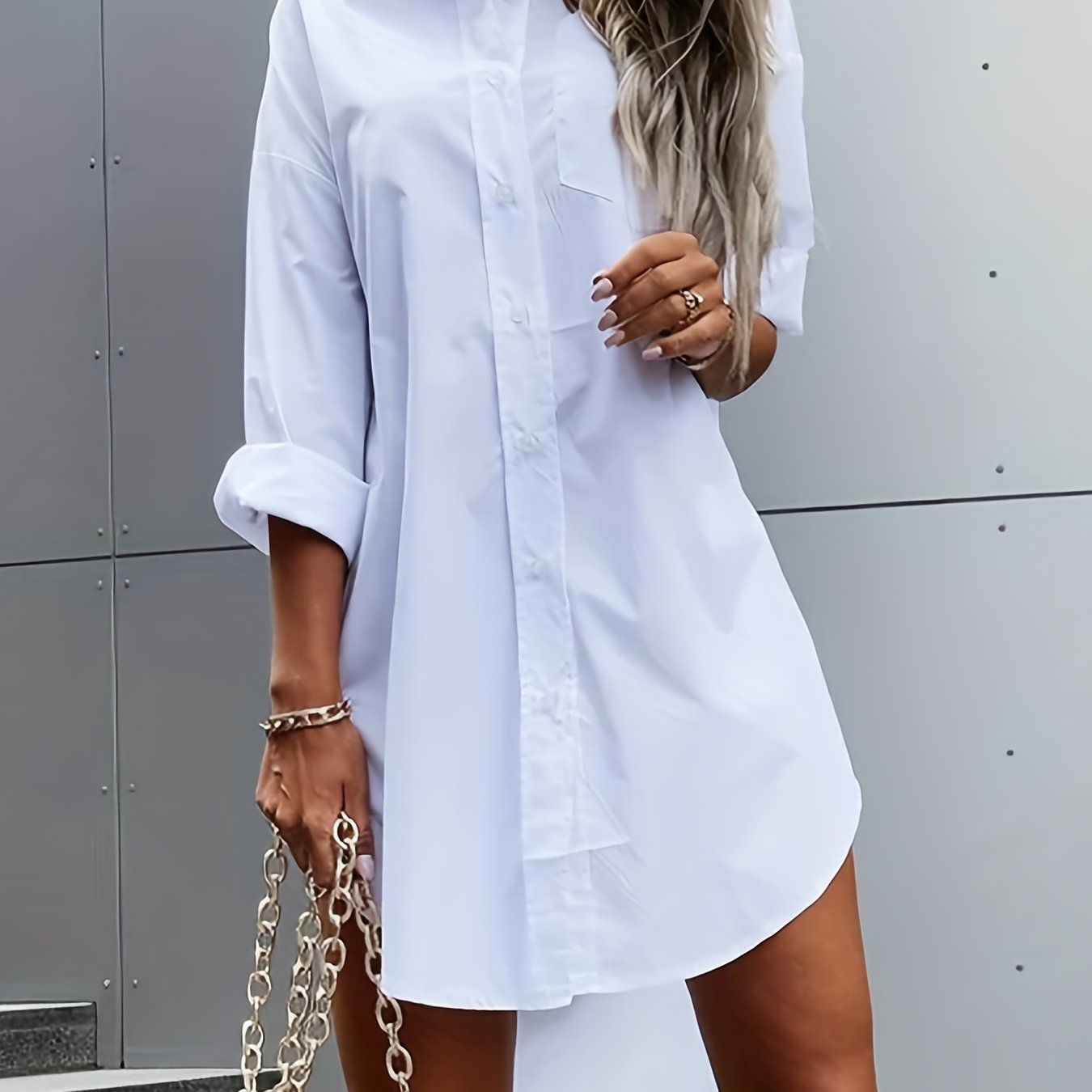 Effortless Oversized Shirt Dress for Women with Collar Long Sleeve Button Front High Low Hem Casual Style