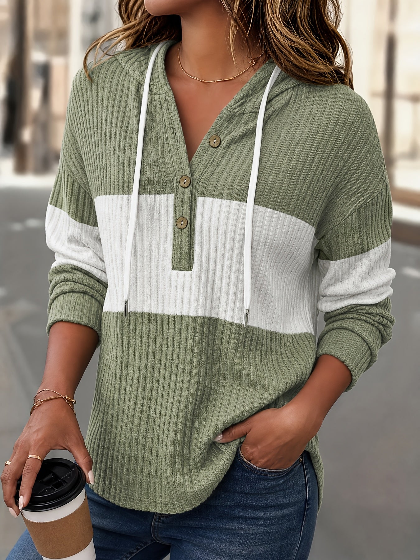 Comfortable Green Ribbed Knit Hoodie for Women with V Neck Long Sleeve Button Placket Relaxed Style