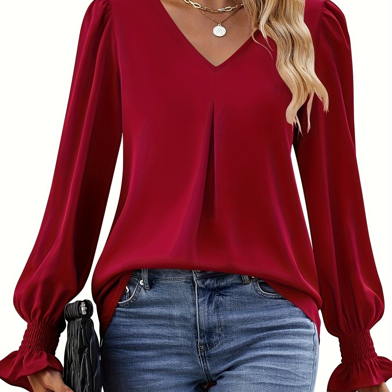 Effortless Pleated Blouse for Women with V Neck Balloon Sleeve Smocked Cuff Relaxed Style