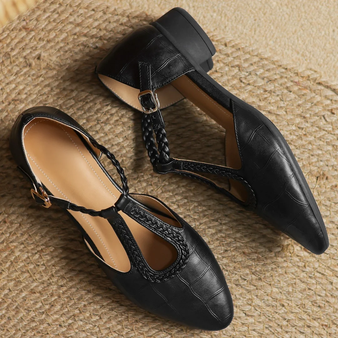 Elegant Croc Embossed T-Strap Flats for Women with Braided Strap Pointed Toe Block Heel Style