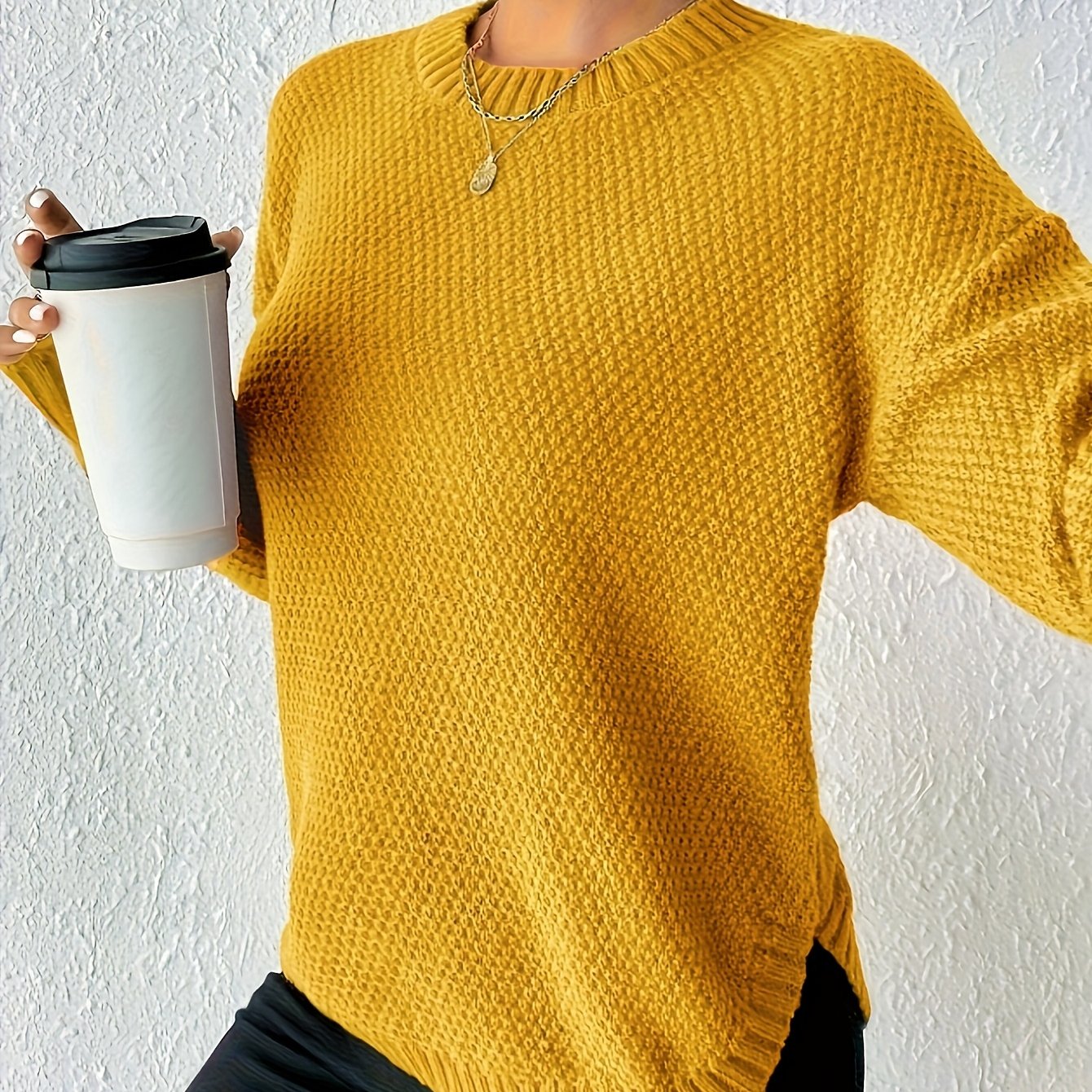 Comfortable Waffle Knit Sweater for Women with Crew Neck Long Sleeve Relaxed Oversized Casual Style