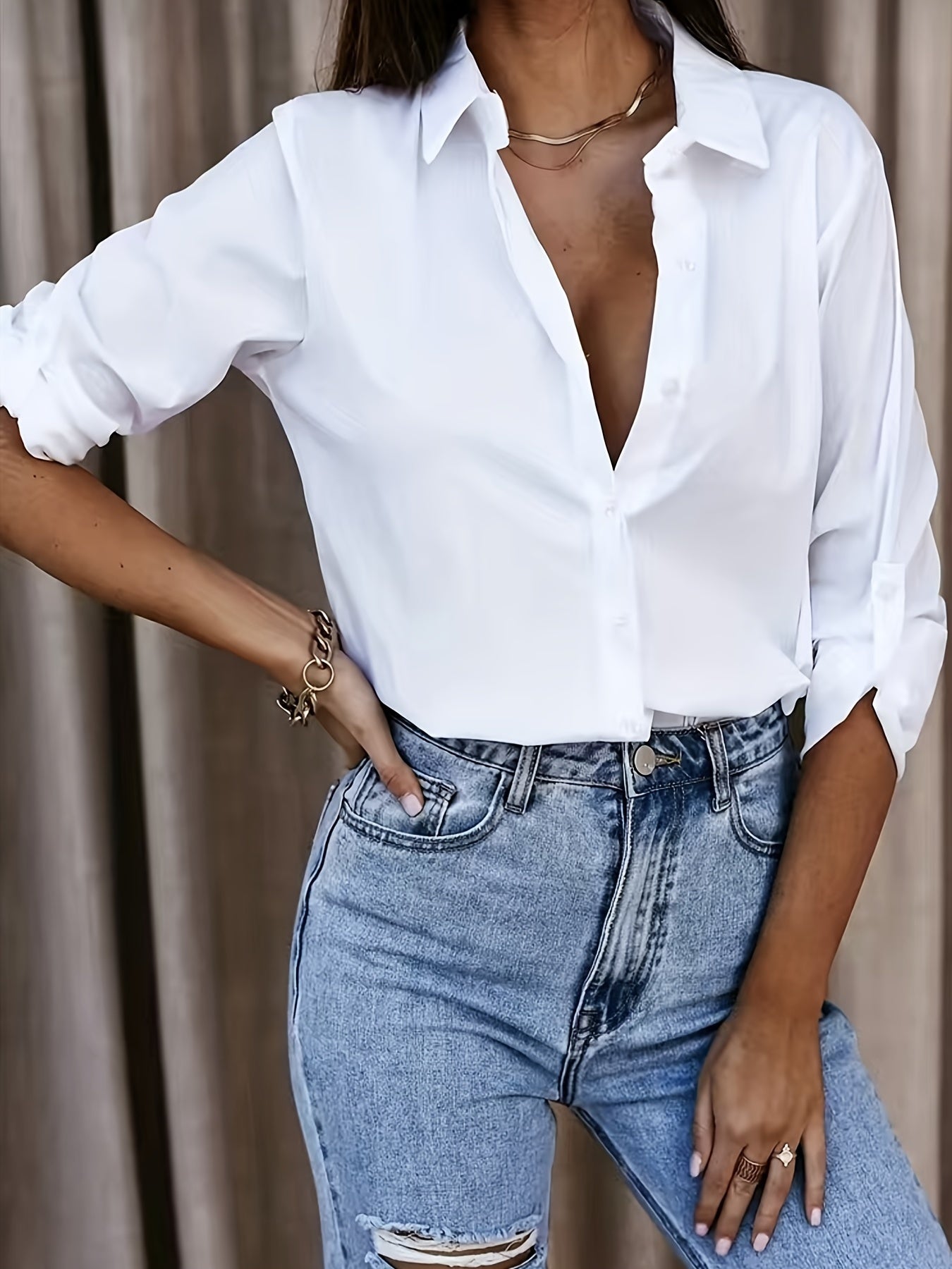 Effortless White Blouse for Women with Collar Long Sleeve Button Front Relaxed Oversized Style