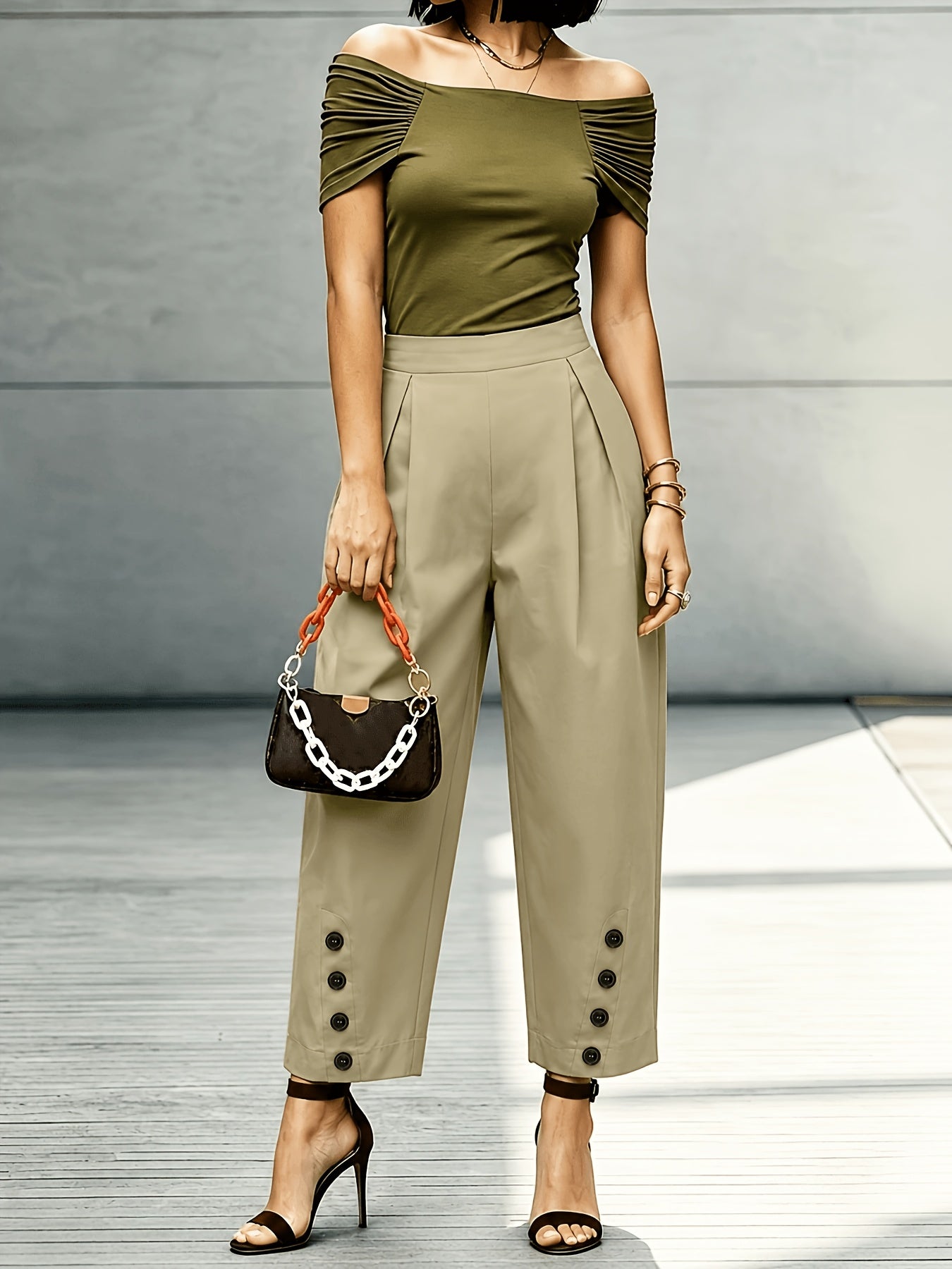 Effortless Khaki Tapered Pants for Women with High Waist Pleated Button Cuff Casual Style