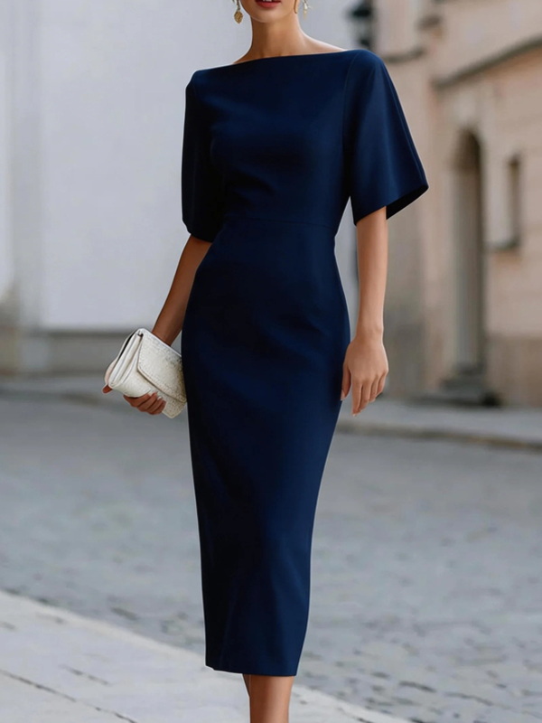 Elegant Sheath Midi Dress for Women with Boat Neck Flutter Sleeve Bodycon Cocktail Style