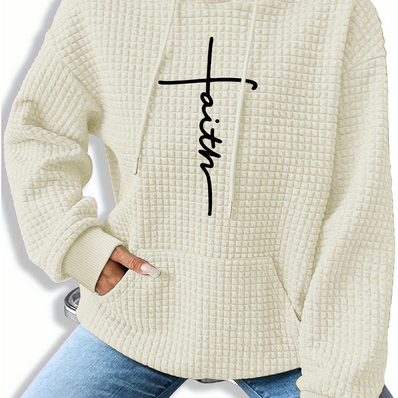 Comfortable Waffle Knit Graphic Hoodie for Women with Drawstring Long Sleeve Kangaroo Pocket Oversized Style