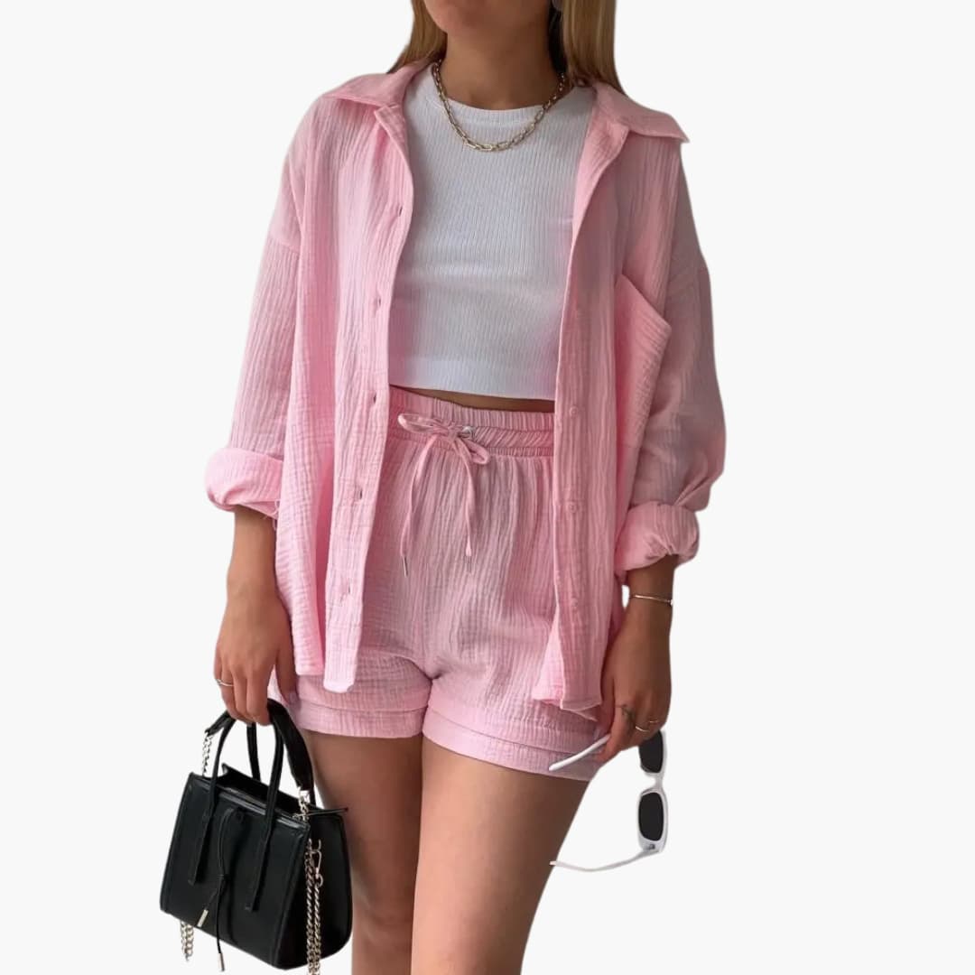 Effortless Cotton Gauze Two Piece Set for Women with Collared Button Front Long Sleeve Drawstring Shorts Relaxed Style