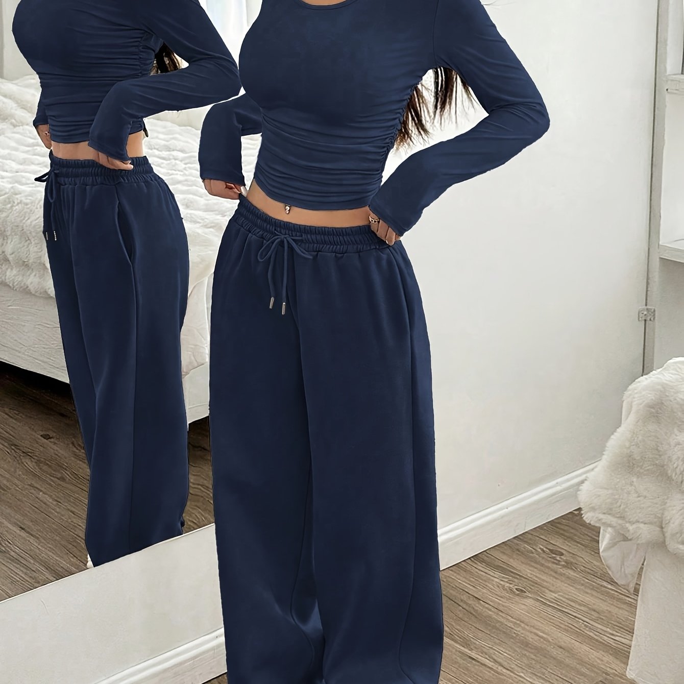 Effortless Wide Leg Set for Women with Round Neck Long Sleeve Ruched Drawstring Two Piece Style