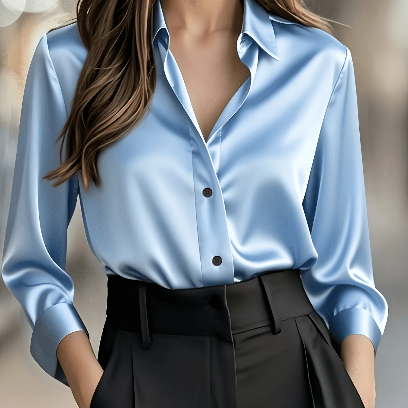 Elegant Satin Blouse for Women with Collar Long Sleeve Button Front Relaxed Silky Style