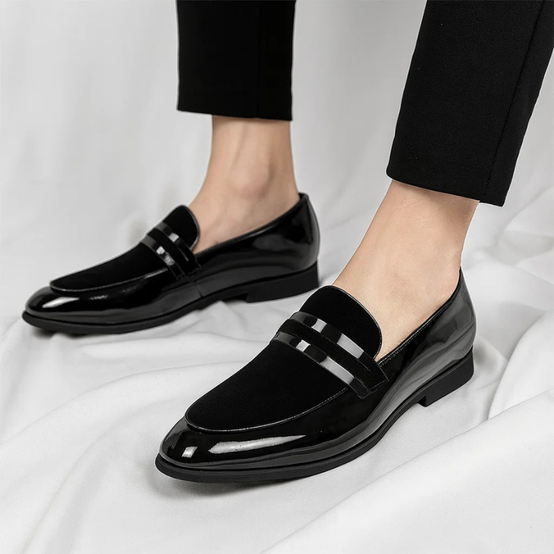 Elegant Velvet Patent Leather Loafer for Women with Pointed Toe Slip On Metallic Bar Formal Style