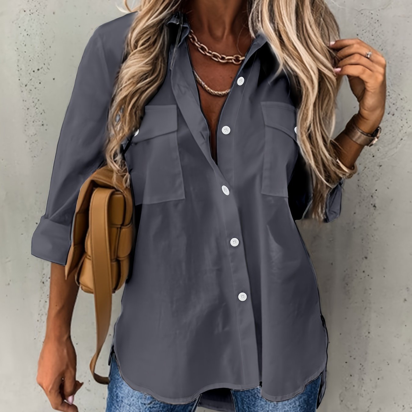 Effortless Utility Blouse for Women with Collar Long Sleeve Button Front Patch Pocket Relaxed Style