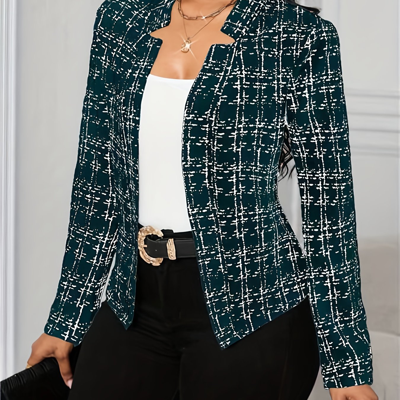 Elegant Plaid Tweed Blazer for Women with Lapel Collar Long Sleeve Open Front Cropped Casual Style