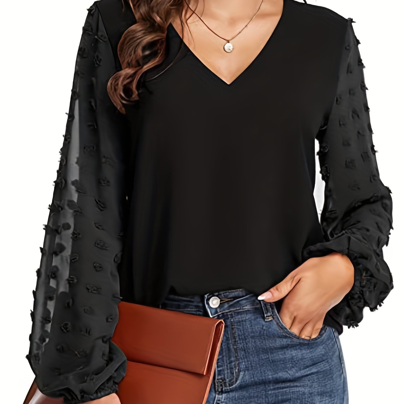 Elegant Swiss Dot Blouse for Women with V Neck Balloon Sleeve Relaxed Silky Style
