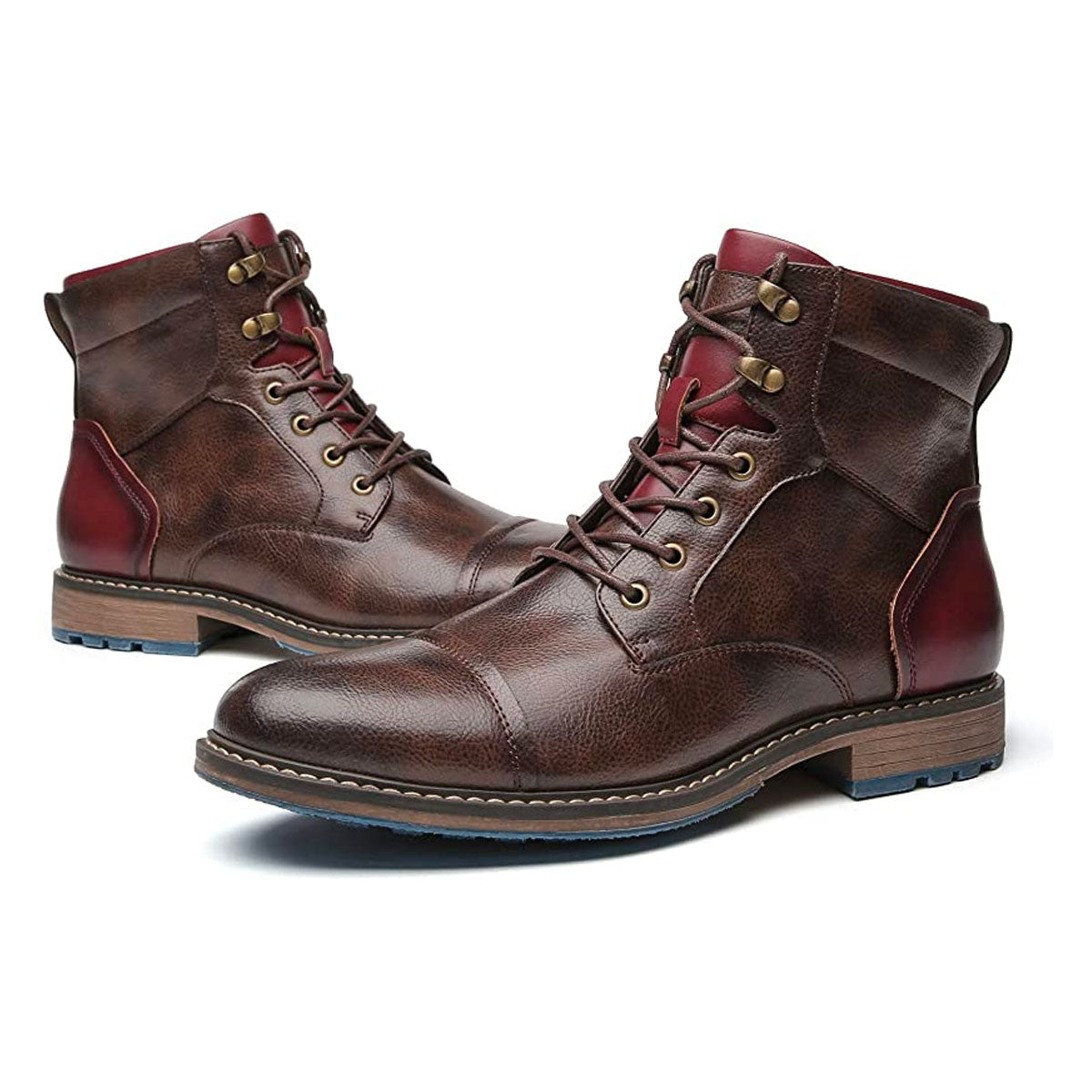 Elegant Brown Leather Ankle Boot for Women with Cap Toe Lace Up Red Trim Vintage Style