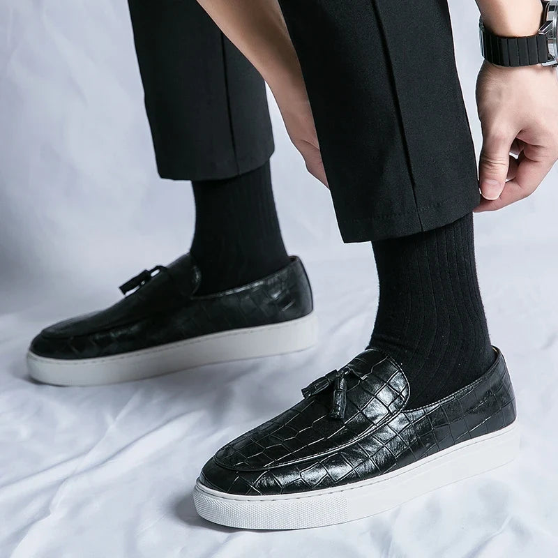 Stylish Croc Embossed Leather Tassel Loafers for Women with Round Toe Slip On Platform Sole Casual Style