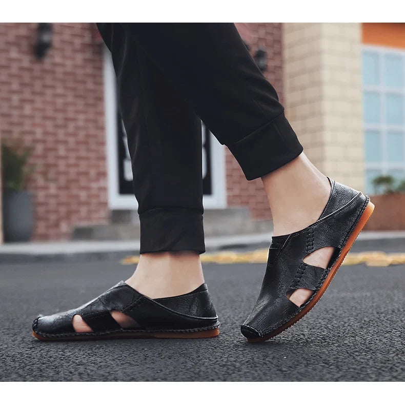 Effortless Leather Cutout Sandal for Women with Round Toe Slip On Hand Stitched Casual Style