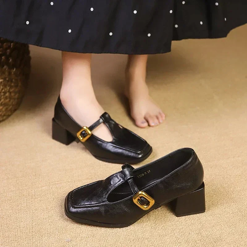 Elegant Leather Mary Jane Pump for Women with Square Toe T Strap Buckle Block Heel Vintage Style