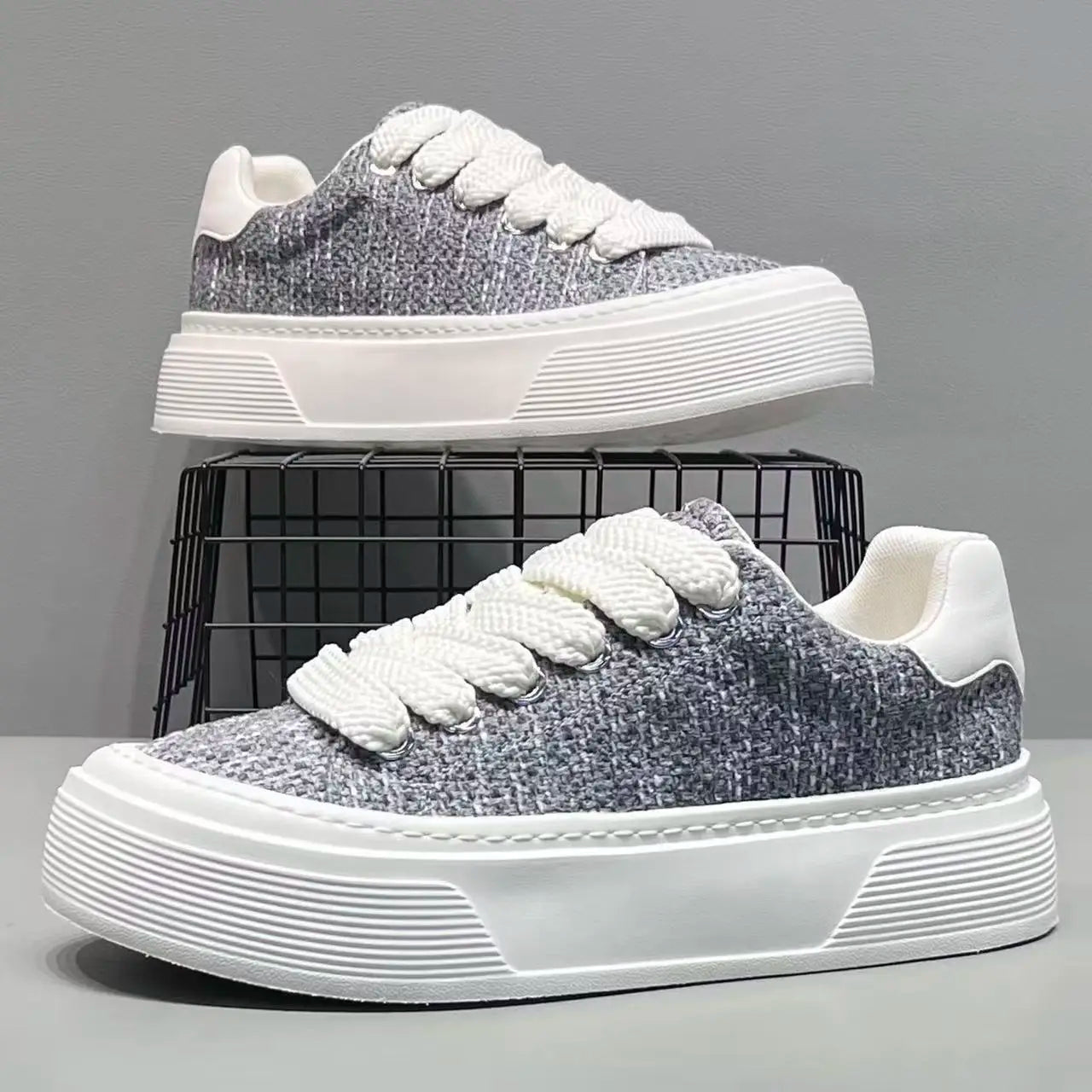 Effortless Tweed Platform Sneaker for Women with Lace Up Chunky Sole Casual Style