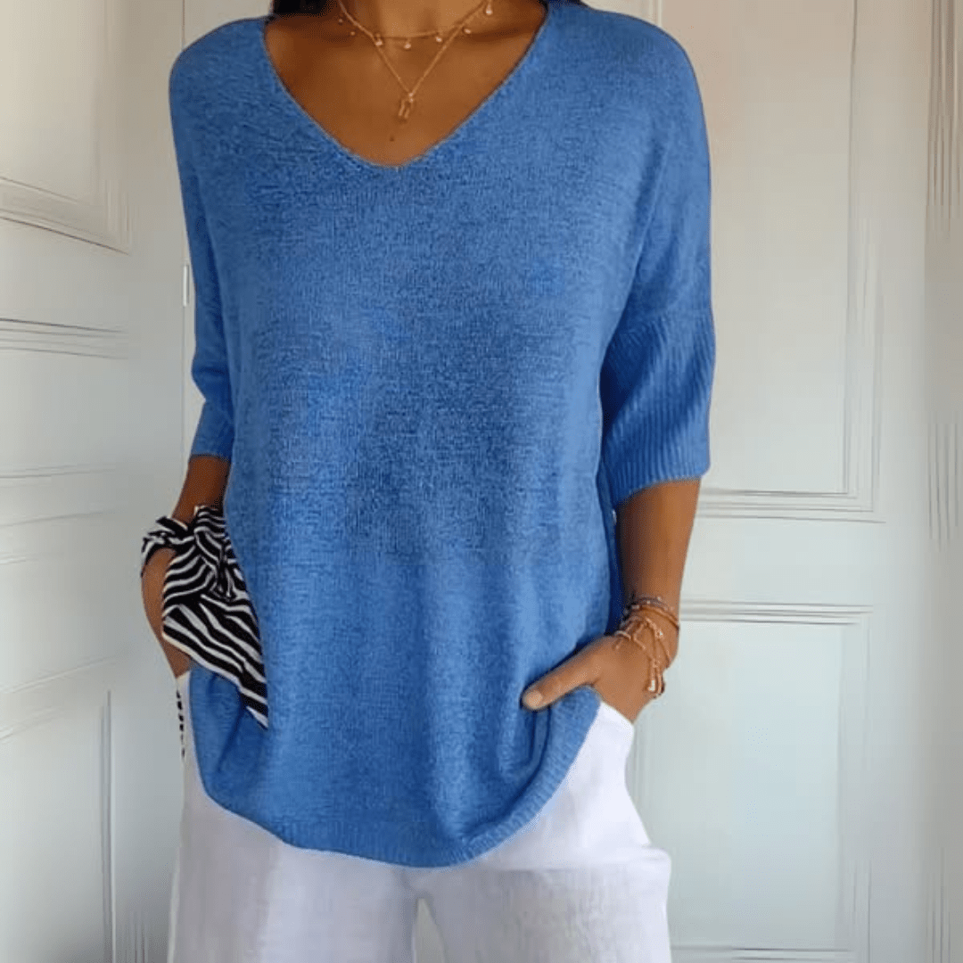 Comfortable Oversized Knit Sweater for Women with V Neck Elbow Sleeve Relaxed Tunic Style