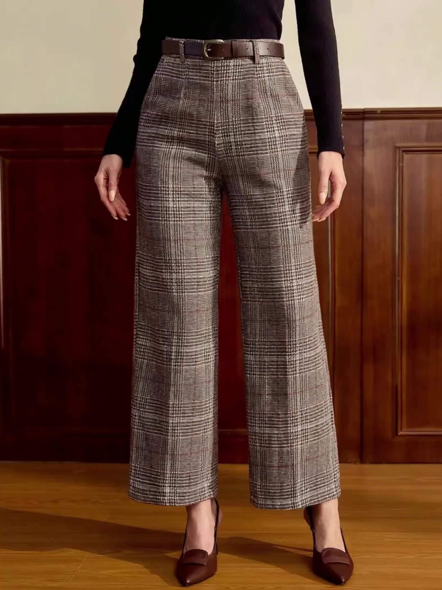 Elegant Plaid Wide Leg Trousers for Women with High Waist Belted Cropped Tailored Style