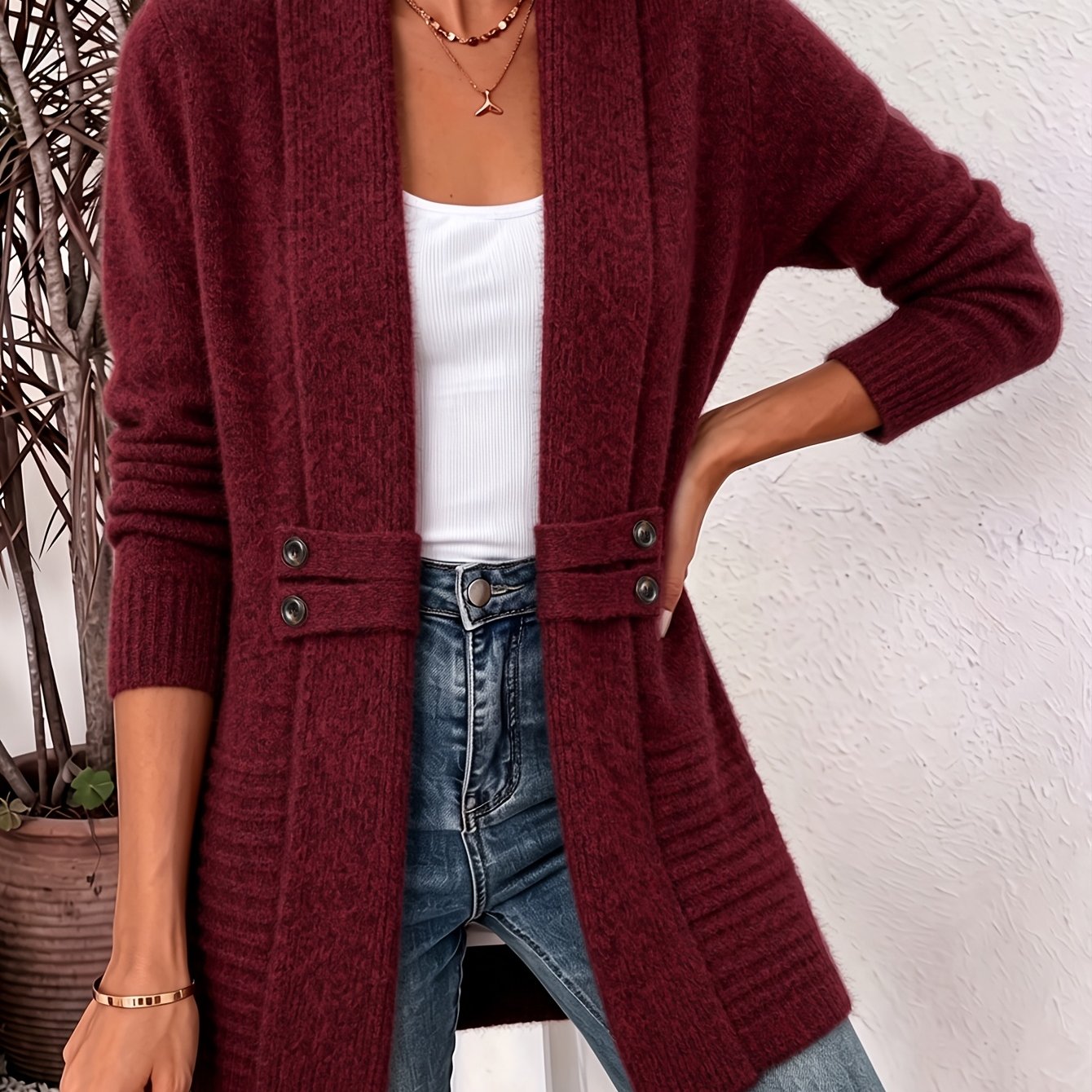 Comfortable Ribbed Cardigan Sweater for Women with Shawl Collar Long Sleeve Button Tab Oversized Knit Style
