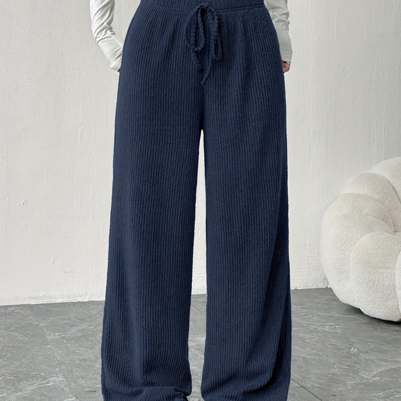 Effortless Ribbed Knit Wide Leg Pants for Women with High Waist Drawstring Relaxed Flowing Casual Style