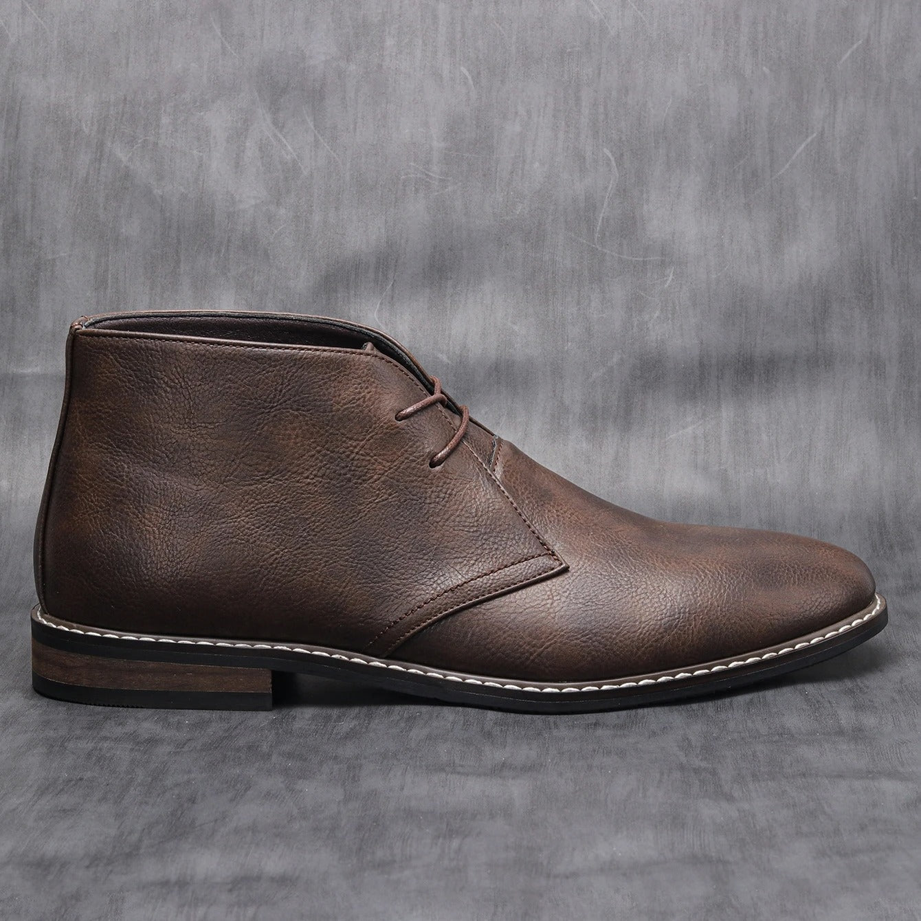Elegant Dark Brown Leather Chukka Boot for Women with Lace Up Round Toe Stacked Heel Casual Style