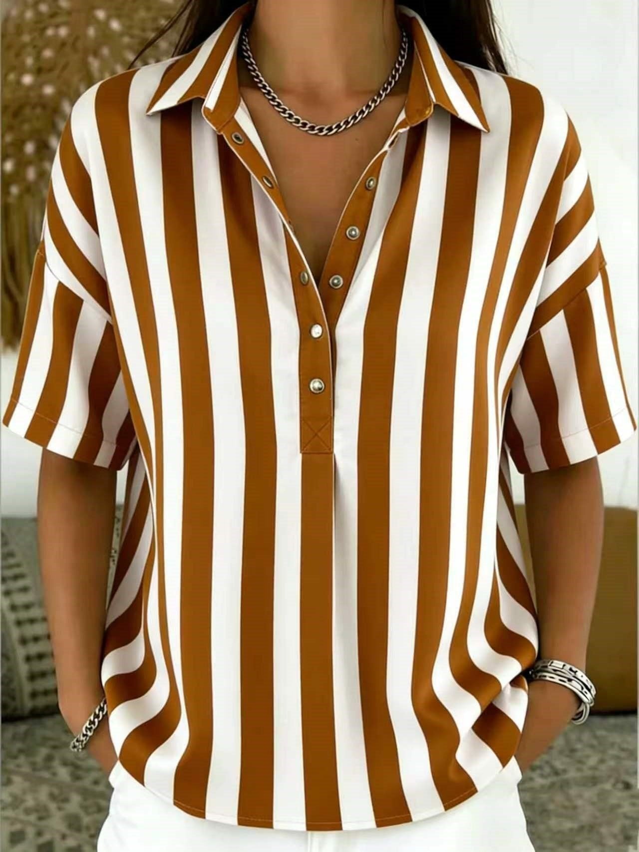 Effortless Striped Blouse for Women with Collar Short Sleeve Button Front Relaxed Style