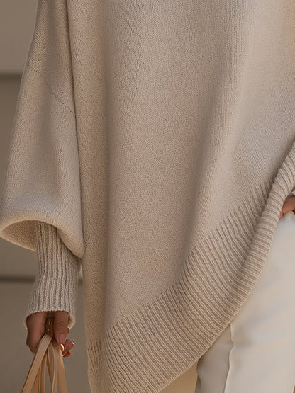 Comfortable Knit Sweater for Women with Crew Neck Batwing Sleeve Asymmetric Hem Oversized Style