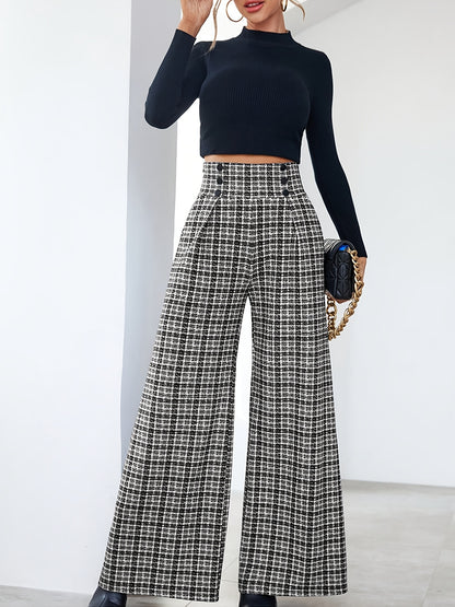 Elegant Multicolor Plaid Wide Leg Pants for Women with High Waist Button Front Pleated Casual Style
