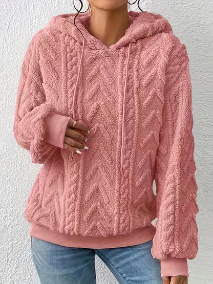 Comfortable Cable Knit Fleece Hoodie for Women with Drawstring Hood Long Sleeve Ribbed Cuff Oversized Style