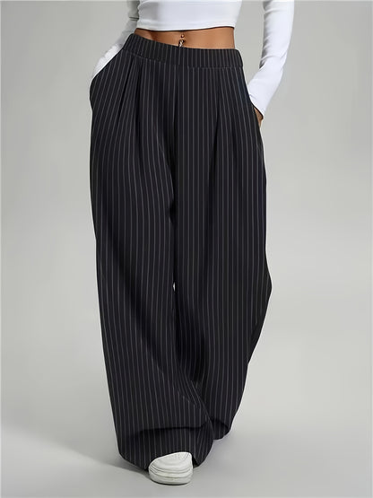 Elegant Black Pinstripe Wide Leg Pants for Women with High Waist Pleated Front Tailored Style
