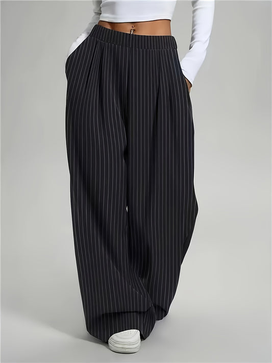 Elegant Black Pinstripe Wide Leg Pants for Women with High Waist Pleated Front Tailored Style