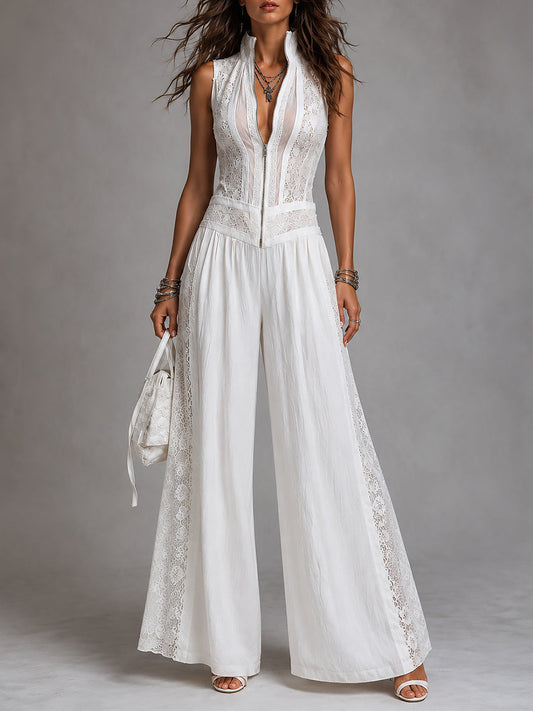Elegant White Jumpsuit for Women with V-Neck Sleeveless Wide Leg Palazzo Style
