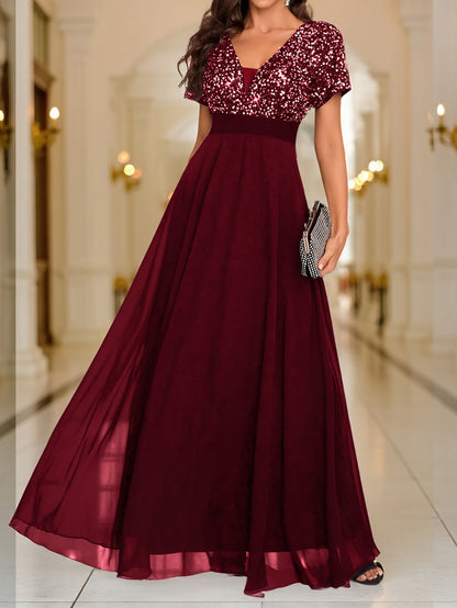 Elegant Sequin Maxi Dress for Women with V Neck Short Sleeve Empire Waist Flowing Formal Wedding Guest Style