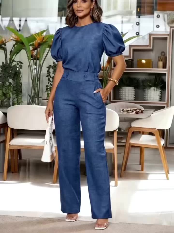 Elegant Royal Blue Wide Leg Set for Women with Round Neck Puff Sleeve Elastic Waist Two Piece Style