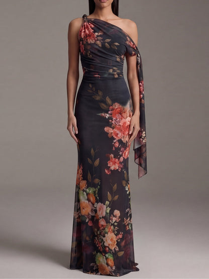 Elegant Black Floral Maxi Dress for Women with One Shoulder Draped Sleeve Column Flowing Wedding Guest Style