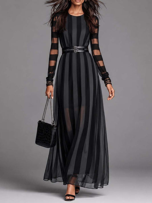 Elegant Black Maxi Dress for Women with Round Neck Long Sleeve Sheer Stripe Belted Formal Style