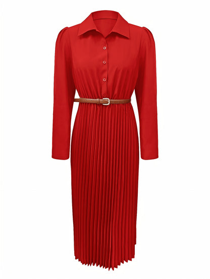 Elegant Pleated Shirt Dress for Women with Collar Long Sleeve Belted Flowing Style