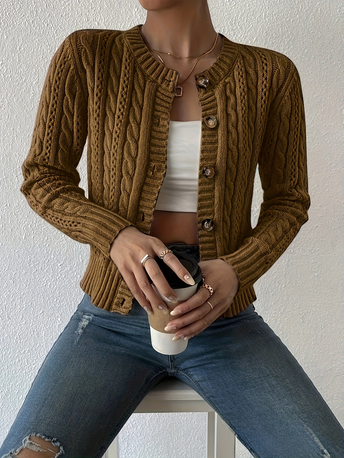 Comfortable Cable Knit Cardigan Sweater for Women with Round Neck Long Sleeve Button Front Cropped Relaxed Style