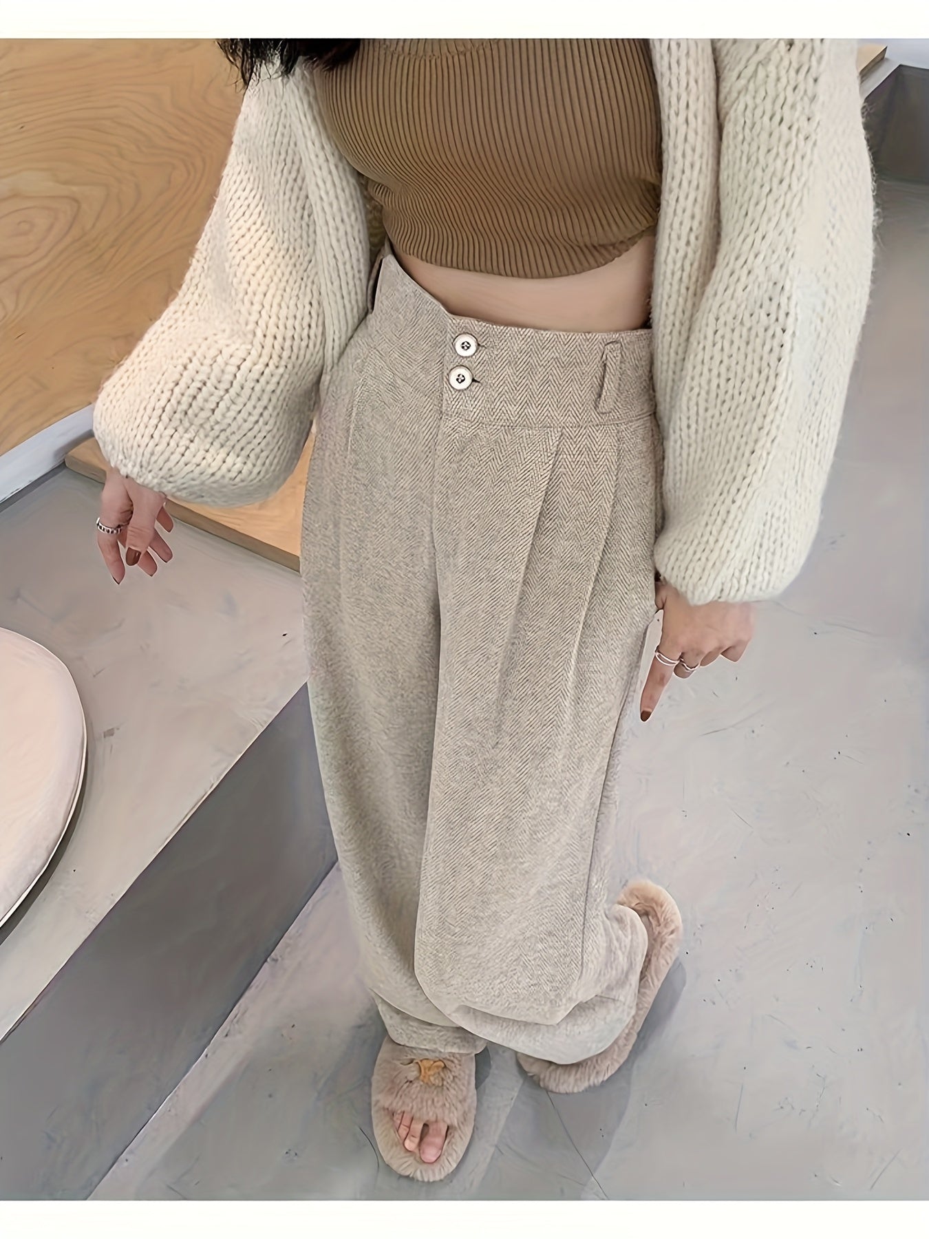 Effortless Herringbone Wide Leg Pant for Women with High Waist Button Front Pleated Tailored Style