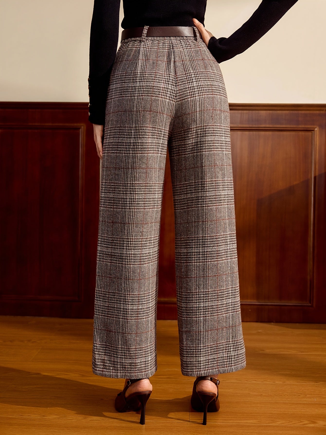 Elegant Plaid Wide Leg Trousers for Women with High Waist Belted Cropped Tailored Style