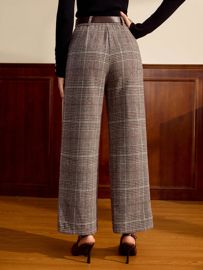 Elegant Plaid Wide Leg Trousers for Women with High Waist Belted Cropped Tailored Style