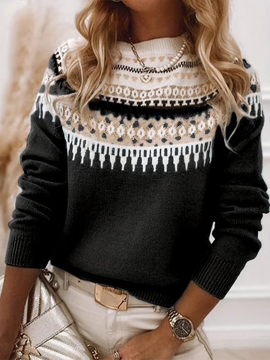 Comfortable Black Fair Isle Sweater for Women with Crew Neck Long Sleeve Colorblock Oversized Knit Style