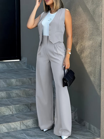 Elegant Silvery Grey Wide Leg Set for Women with V Neck Sleeveless Button Front Two Piece Style