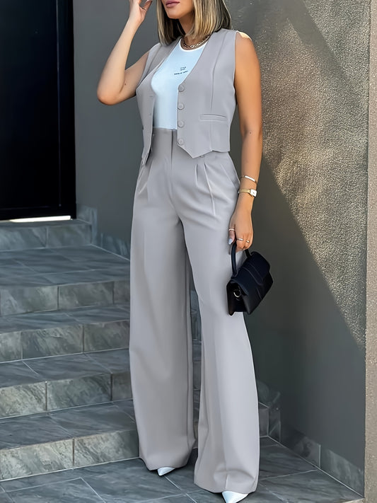 Elegant Silvery Grey Wide Leg Set for Women with V Neck Sleeveless Button Front Two Piece Style