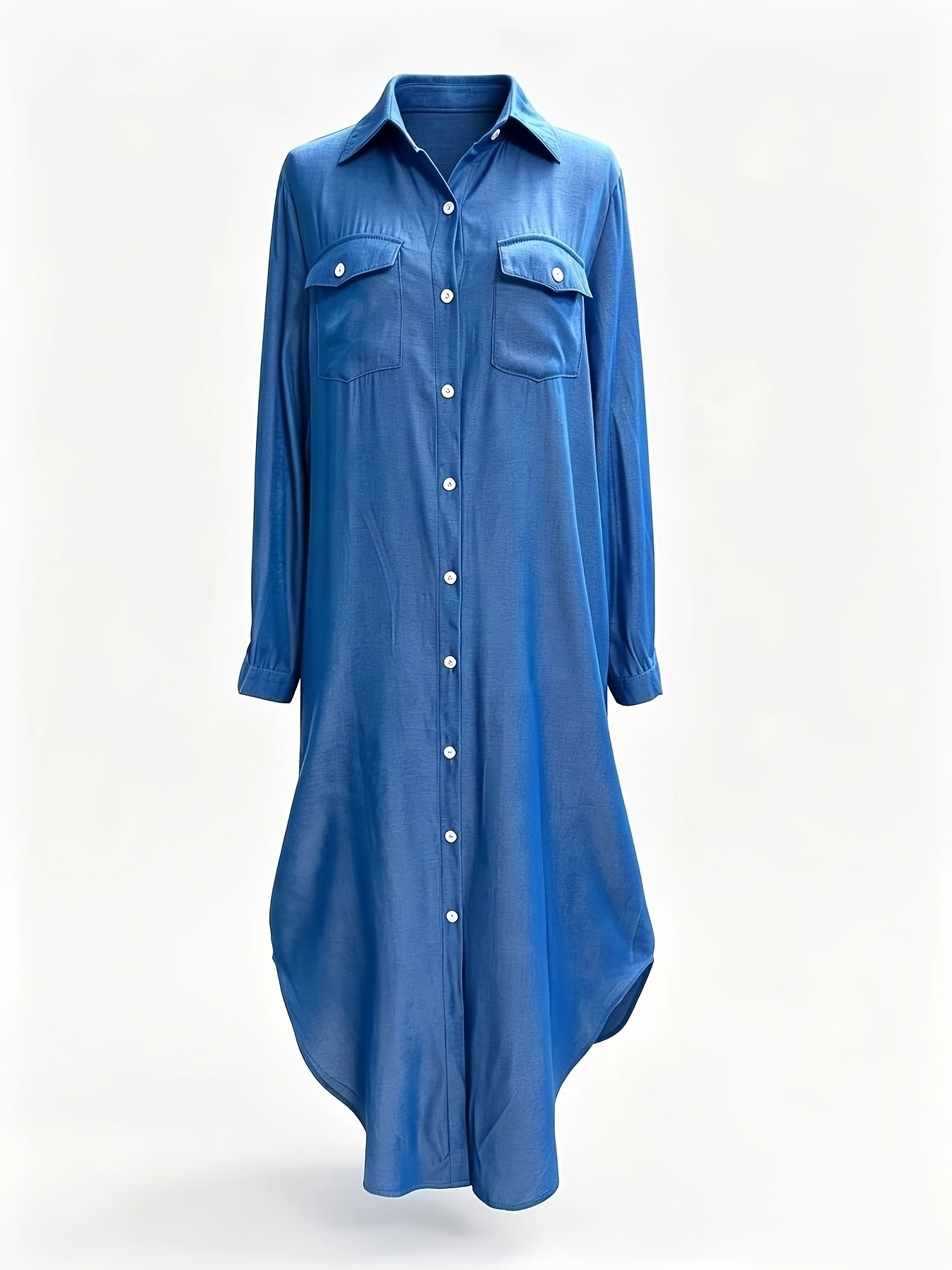 Elegant Blue Denim Maxi Shirt Dress for Women with Collar Long Sleeve Button Front High Low Style