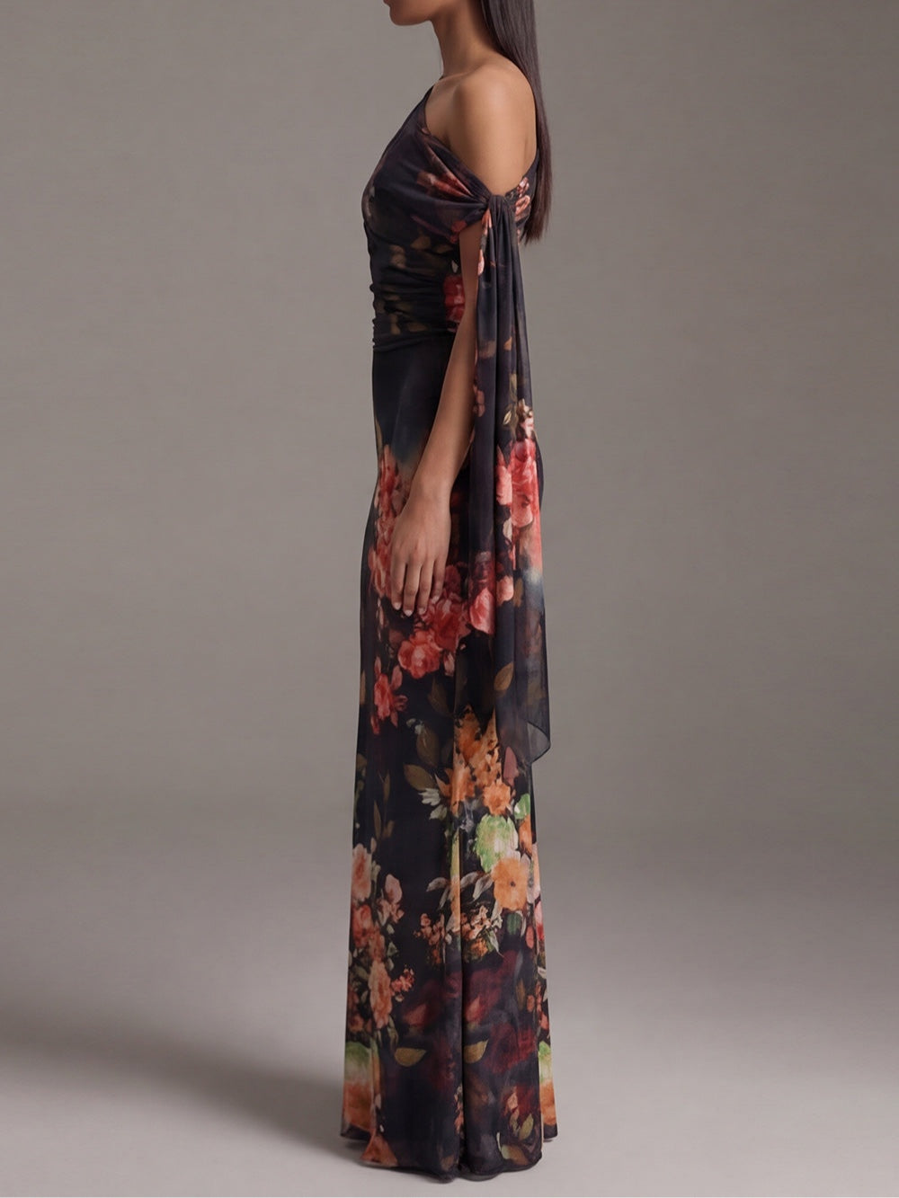 Elegant Black Floral Maxi Dress for Women with One Shoulder Draped Sleeve Column Flowing Wedding Guest Style