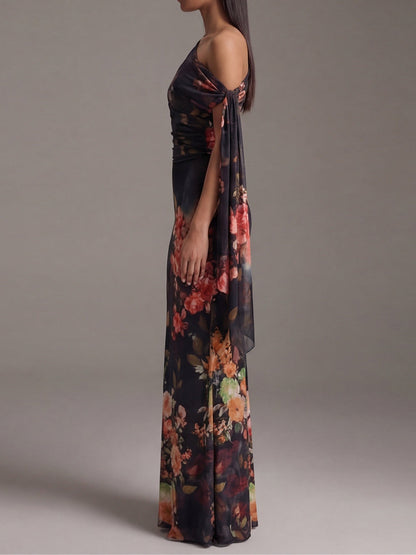Elegant Black Floral Maxi Dress for Women with One Shoulder Draped Sleeve Column Flowing Wedding Guest Style