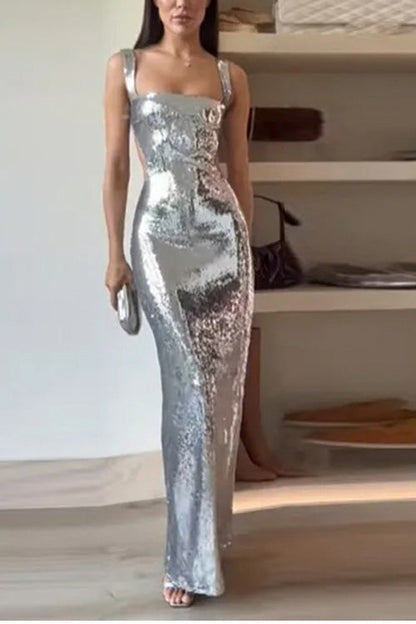 Elegant Sequin Maxi Dress for Women with Square Neck Cutout Waist Bodycon Formal Party Style