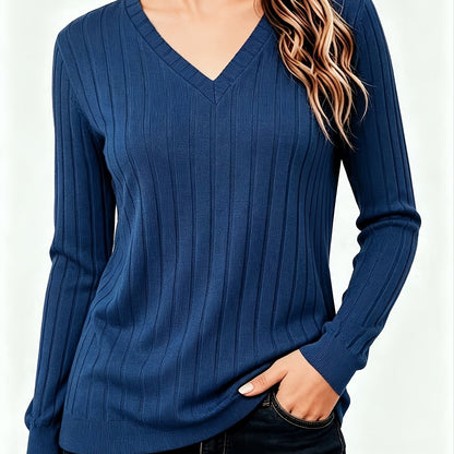 Comfortable Ribbed Knit Sweater for Women with V Neck Long Sleeve Relaxed Oversized Casual Style